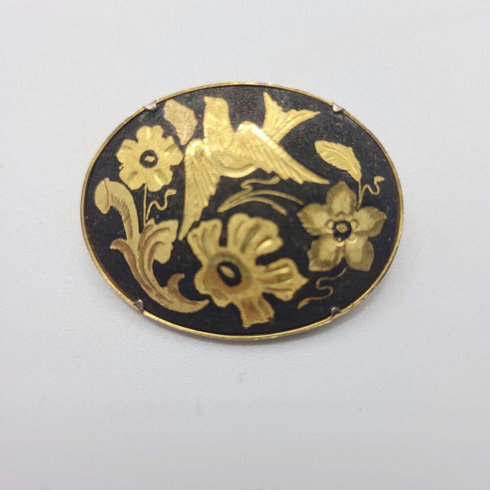 Vintage 1950s Damascene Brooch Pin Birds Flowers Leaves Oval Dome Trombone Clasp